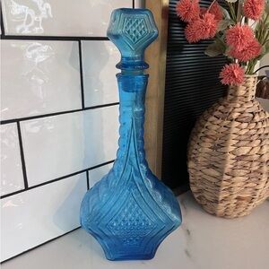 Vintage Empoli MCM Blue Geometric Diamond Point Genie Bottle Decanter with Lid